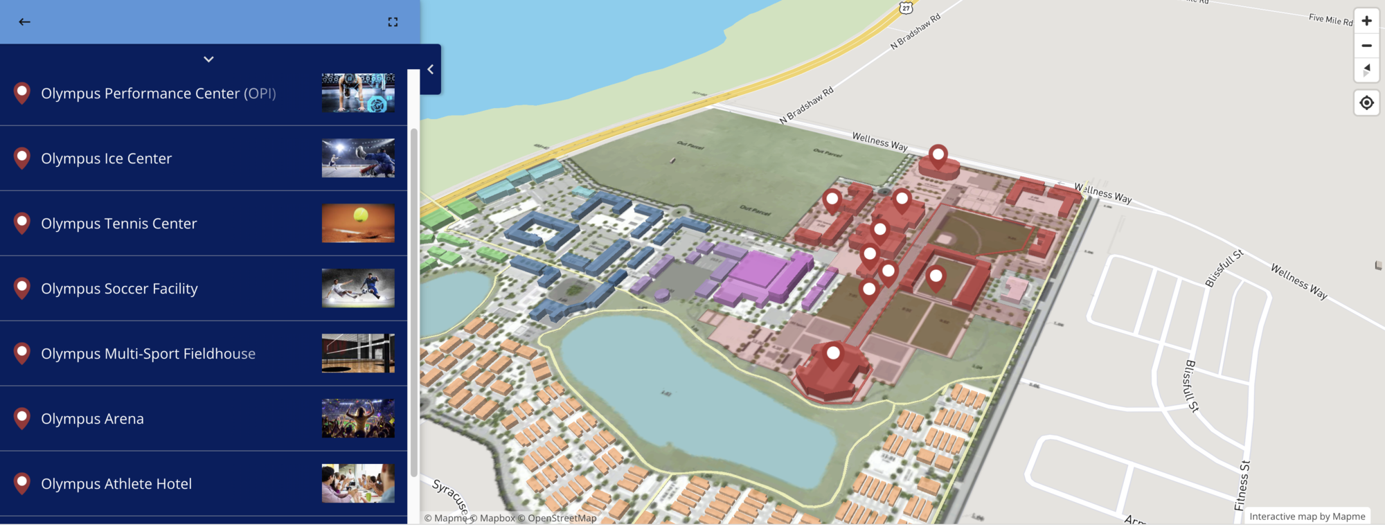 interactive map with  sports campus in red